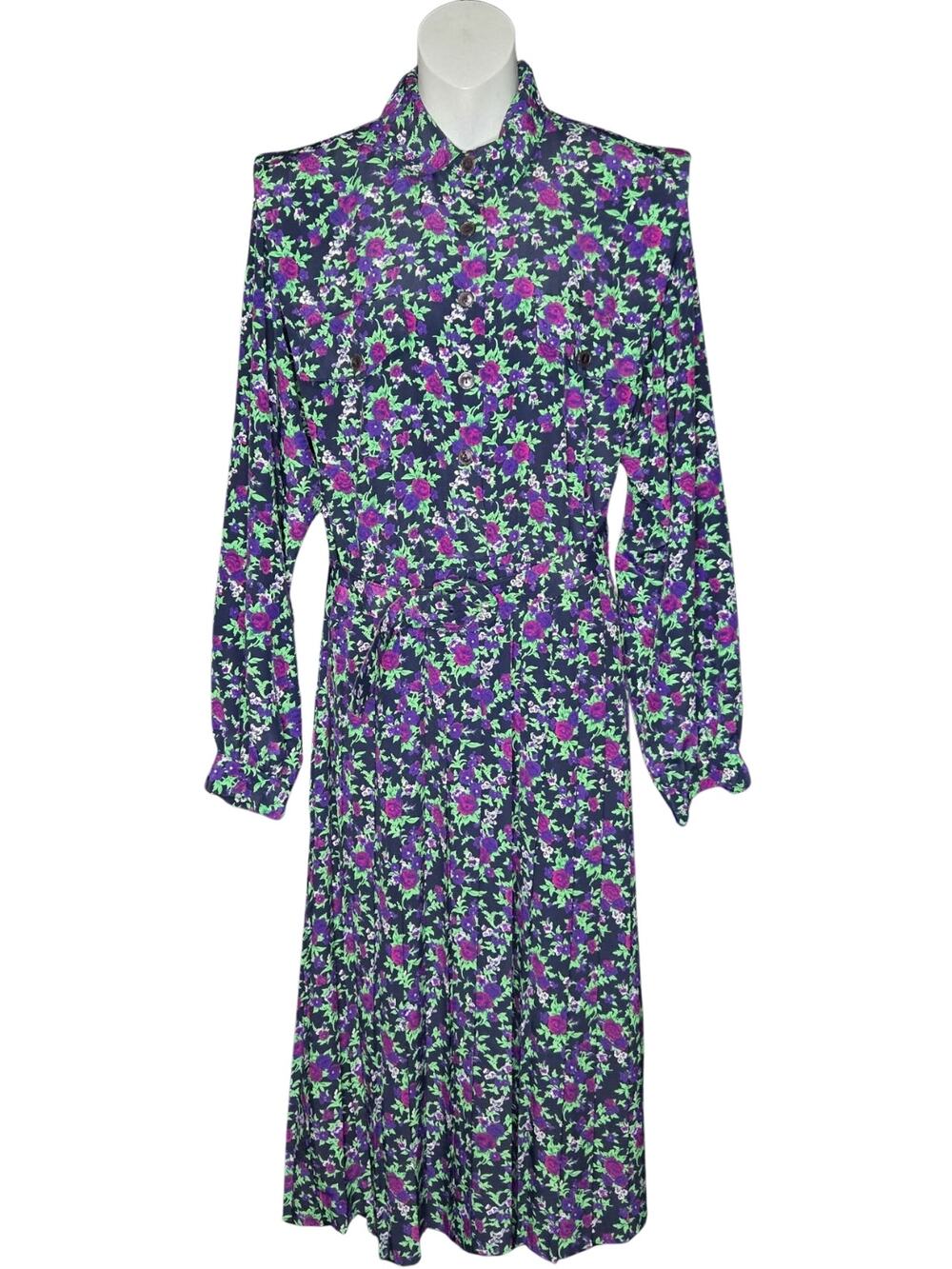 Vintage Leslie Fay Floral Shirt Dress Pleated Midi Dress Size 10 80s 90s Belted
